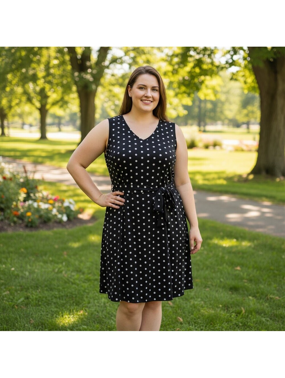 1754 - Black and White Polka Dot Sleeveless Dress with Belt XXL